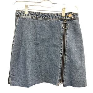 Denim & Co Denim Zip Front Mini Jean Skirt Ring Pull Distressed Raw Hem Size 6